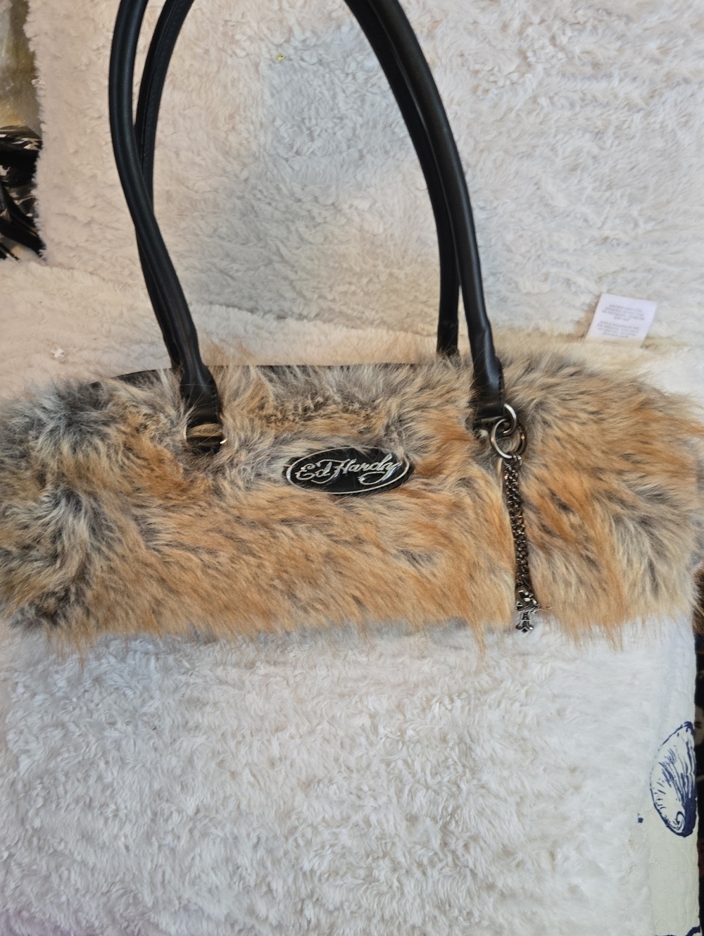 Ed Hardy Faux Fur Shoulder Bag in Tan/Black NWOT - Picture 4 of 10